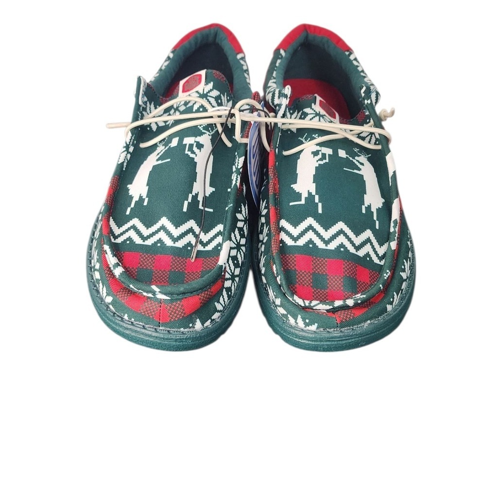 Hey Dude Wally Holiday Cheers Green Multi Snowflake Plaid Slip On Shoes Mens M11
